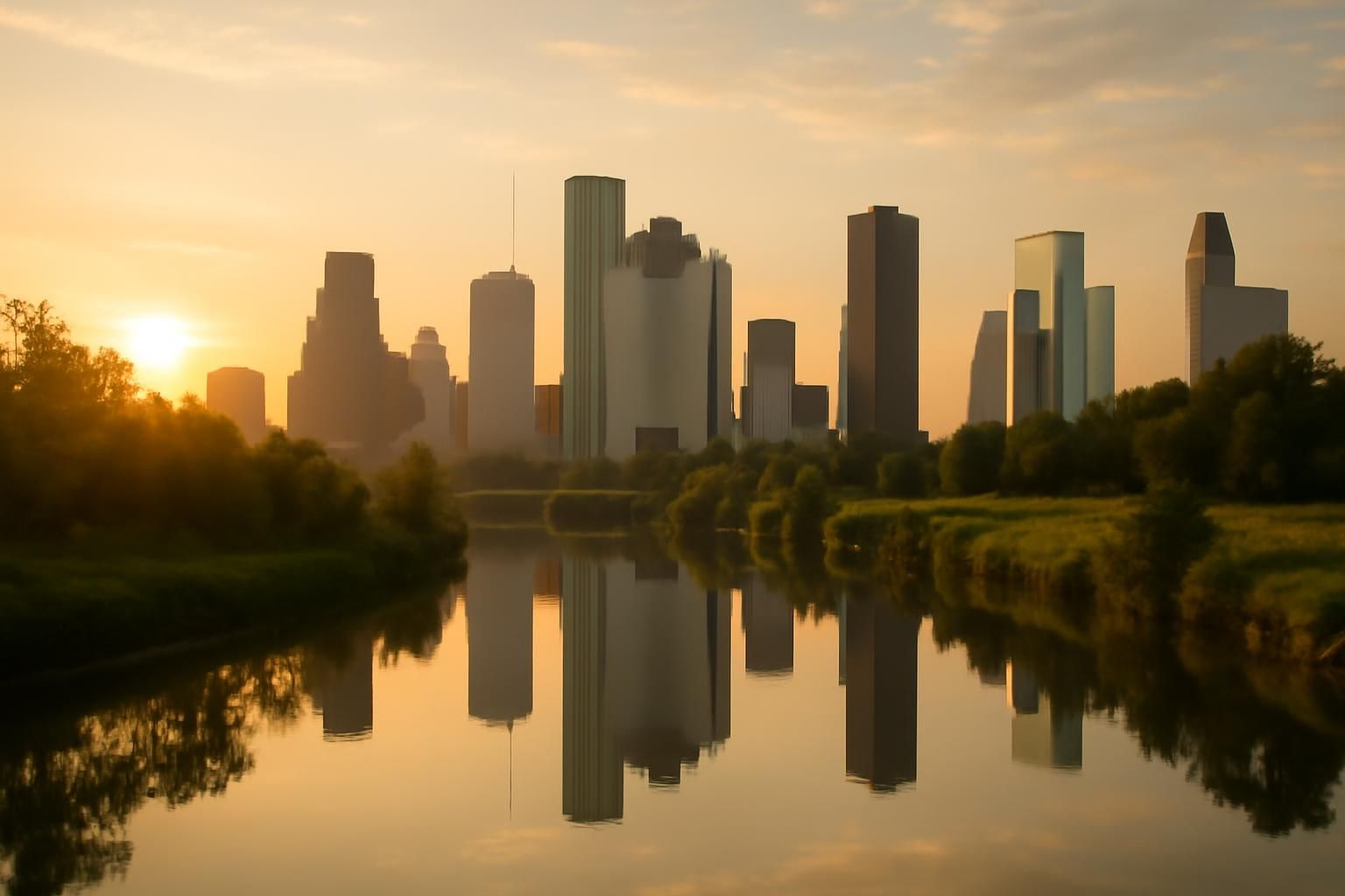 The Houston skyline at sunrise across a calm bayou near Houston, TX