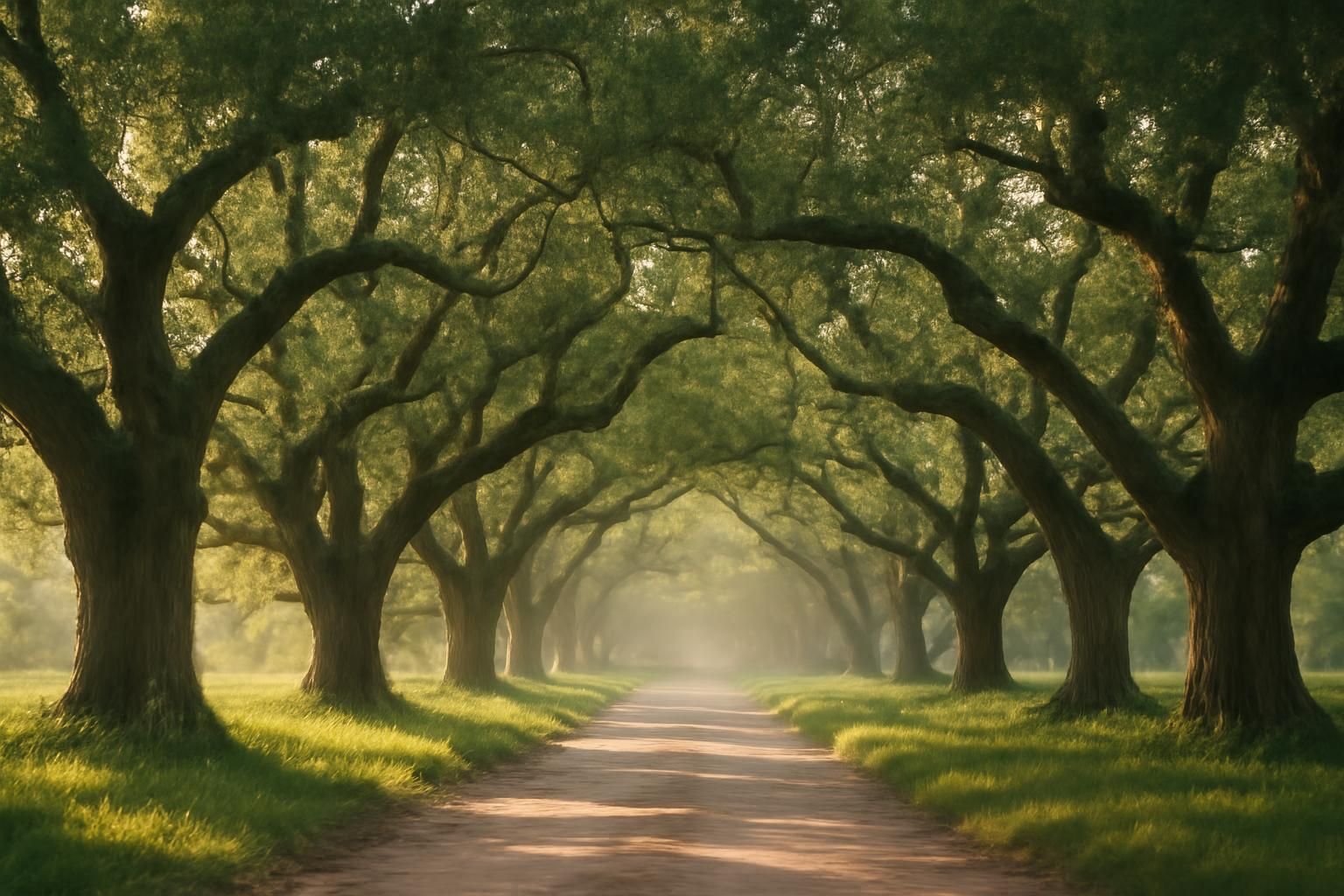 Live oak trees arching over a quiet path near Baytown, TX