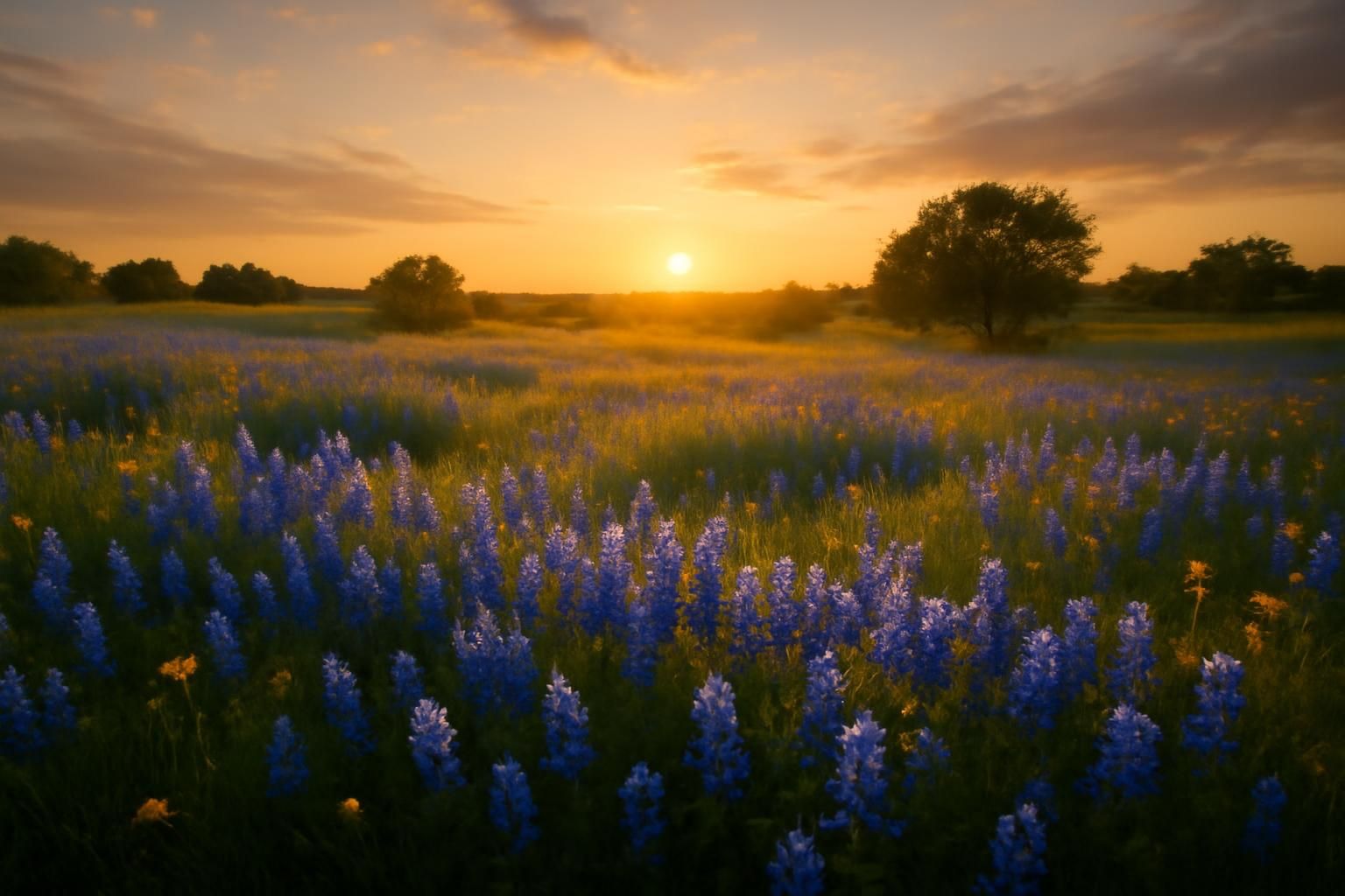 A Texas bluebonnet prairie at golden hour near Galveston, TX