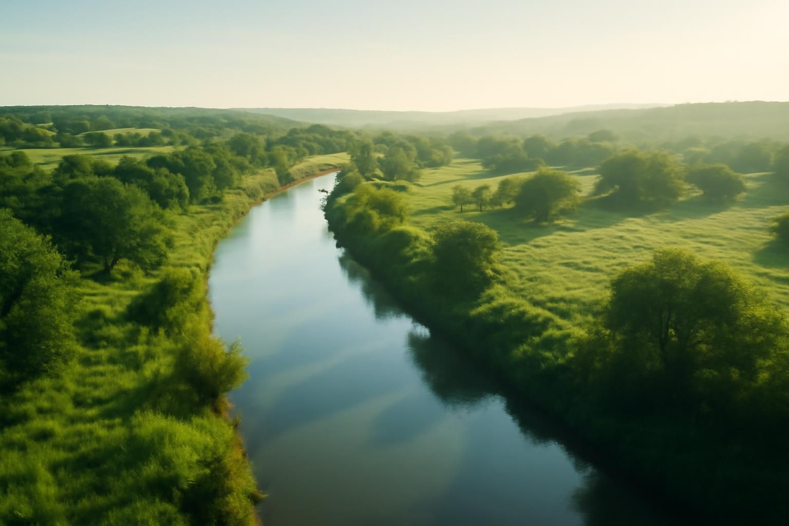 A gentle river through green Texas countryside near Houston, TX