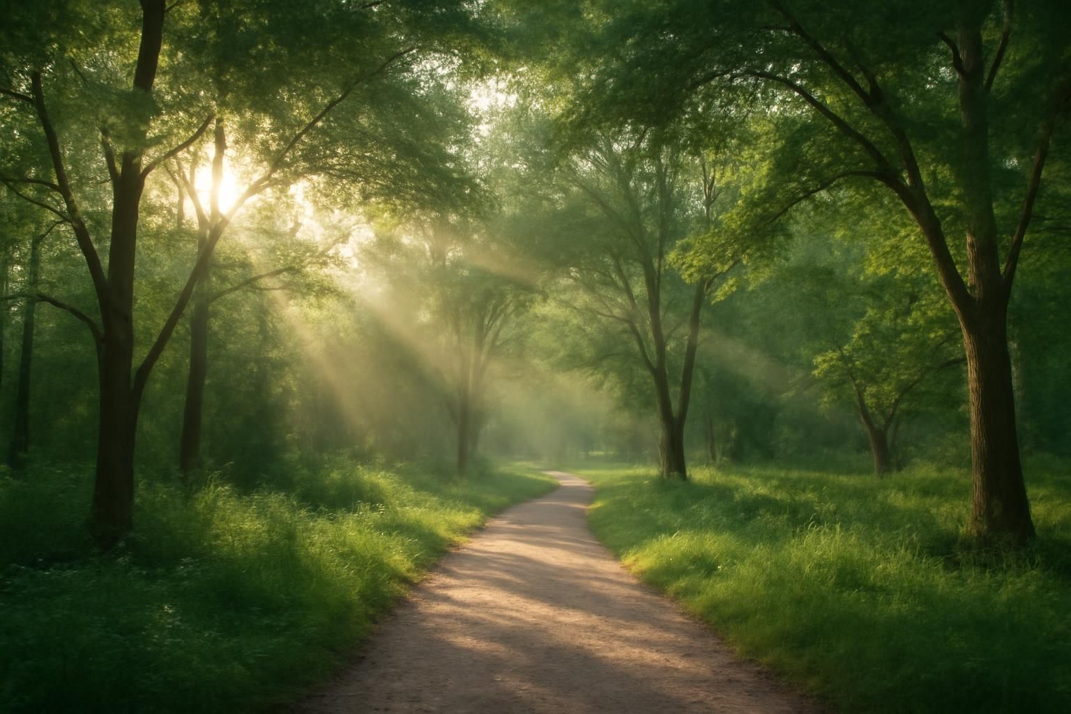 Sunlight through trees on a peaceful greenbelt trail near Texas City, TX