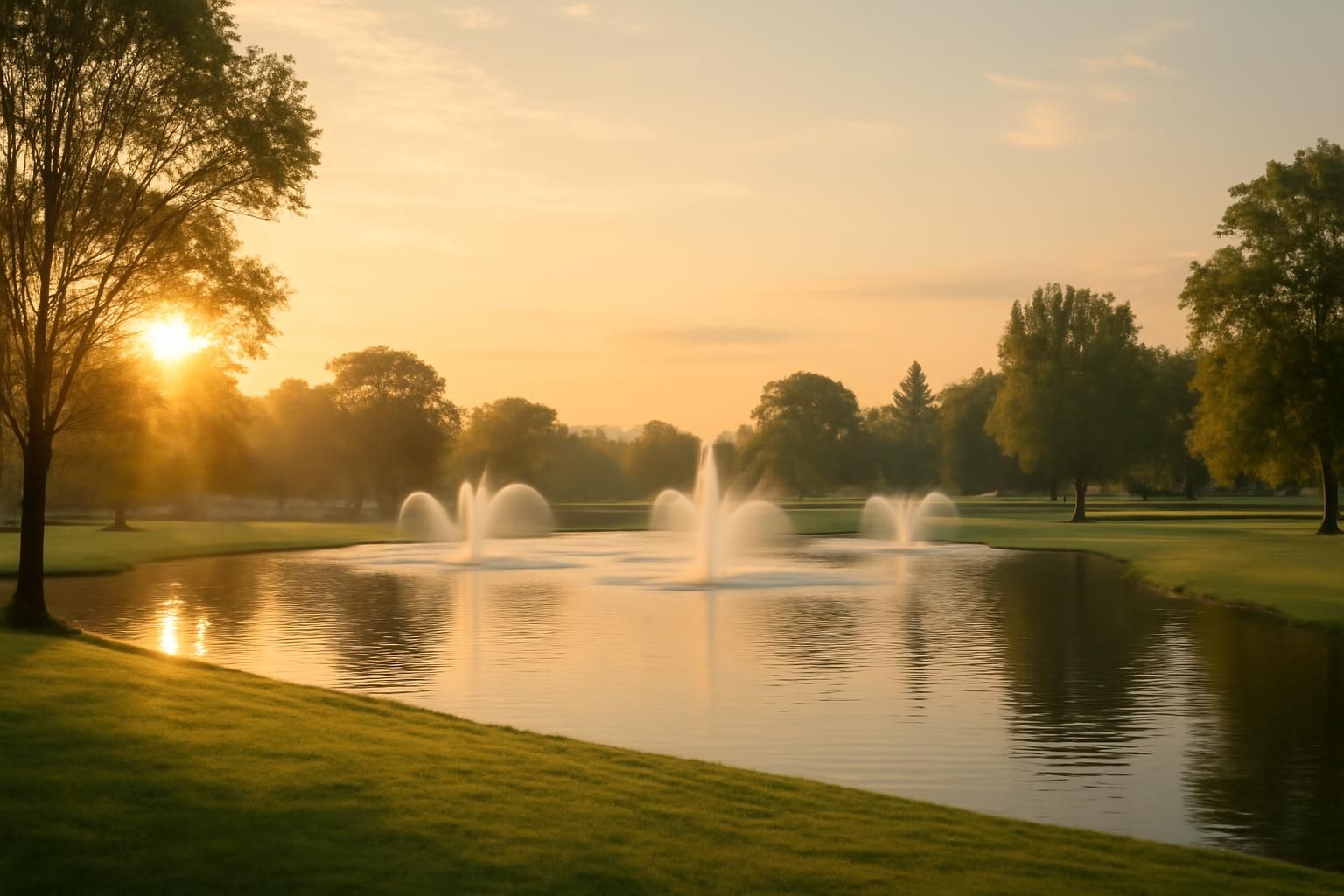 A serene city park pond at sunrise near Houston, TX